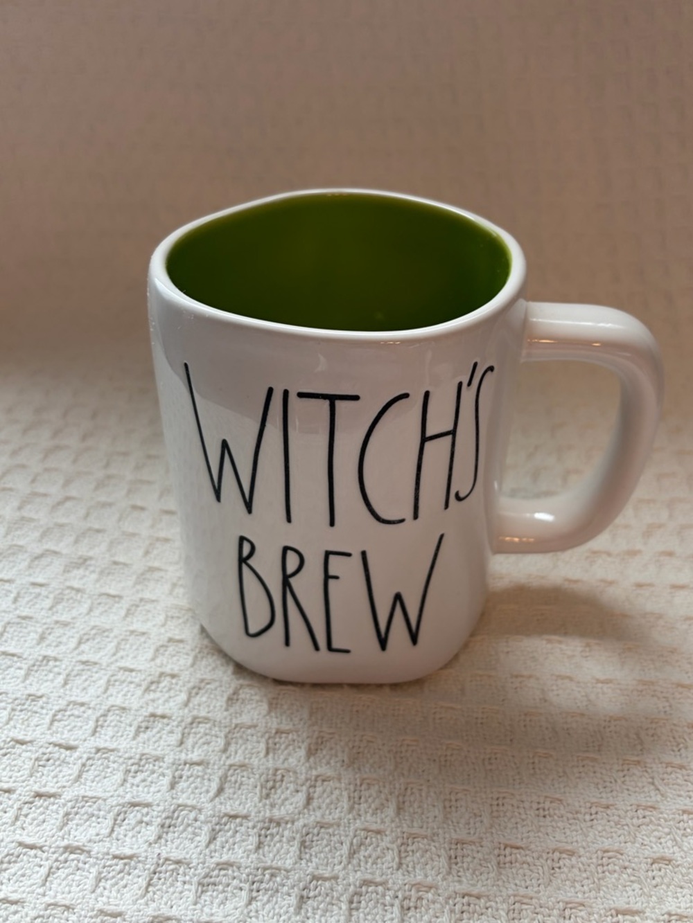Rae Dunn Witch's Brew Mug With Lime Green Interior & Bubbling Cauldron On Back